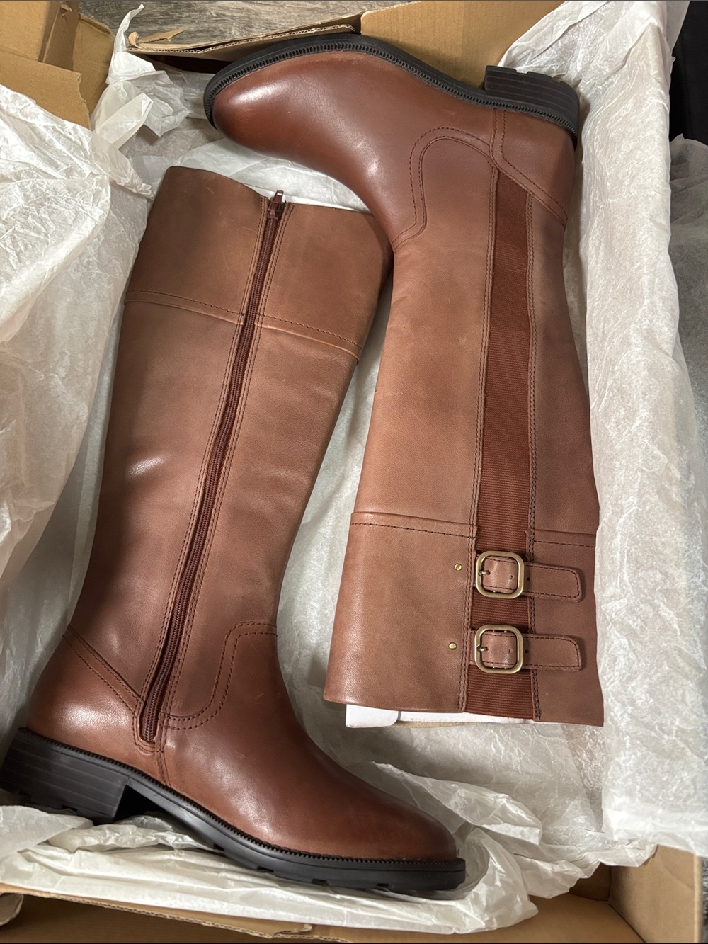 Clarks Brown Tall Leather  Boots with Buckle Straps